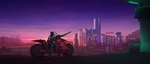 city cityscape clothing holding_object holding_ranged_weapon holding_weapon knee_pads motorcycle ranged_weapon sitting solo vehicle weapon dousbrata sergal absurd_res hi_res