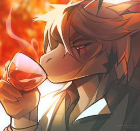 anthro black_sclera clothed clothing container cup drinking glistening glistening_eyes grey_body grey_hair hair holding_container holding_cup holding_object male male_anthro narrowed_eyes purple_eyes solo steam text white_body unknowhiter mythology dragon mythological_creature mythological_scalie scalie 2024 absurd_res artist_name bust_portrait dated hi_res portrait