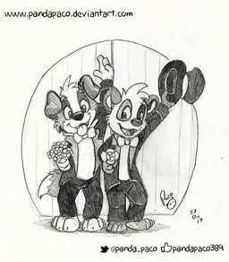 anthro barefoot bottomwear bow_tie clothed clothing door duo fangs feet floppy_ears flower front_view hat headgear headwear holding_clothing holding_flower holding_hat holding_headgear holding_headwear holding_object logo male male_anthro open_mouth open_smile pants plant smile standing teeth text tongue tongue_out topwear young young_anthro young_male pandapaco parinton roni_(imroni) bear border_collie canid canine canis collie domestic_dog giant_panda herding_dog mammal pastoral_dog sheepdog 2017 artist_logo dated monochrome signature sketch url