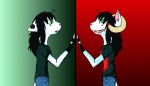 blood bodily_fluids creepy duality dual_persona duo female gradient_background green_eyes horn reflection side_view simple_background split_screen symmetry ristiriita riita domestic_cat felid feline felis mammal digital_media_(artwork) half-length_portrait portrait