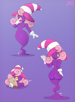 breasts butt clothing disembodied_penis duo featureless_breasts featureless_crotch female genitals ghost_tail gloves hair hair_over_eyes hand_on_penis handwear hat headgear headwear legless lips male mostly_nude multiple_poses outline pattern_background penis pink_hair pink_outline pose purple_body simple_background small_breasts white_clothing white_gloves white_handwear yellow_lips alq mario_bros nintendo paper_mario vivian_(mario) ghost humanoid shadow_siren spirit 2019 absurd_res digital_media_(artwork) hi_res