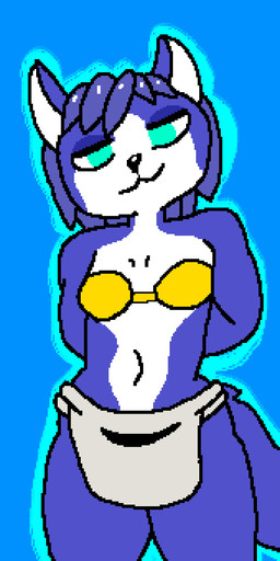 anthro black_nose blue_background blue_body blue_eyes blue_hair bottomwear bra clothed clothed_anthro clothed_female clothing female female_anthro grey_bottomwear grey_clothing grey_loincloth hair loincloth navel simple_background slight_smile smile solo standing topwear underwear white_body white_bottomwear white_clothing white_face white_loincloth yellow_bra yellow_clothes yellow_clothing yellow_topwear yellow_underwear therealmessyroomguy1 nintendo star_fox krystal_(star_fox) canid canine fox mammal true_fox animated digital_media_(artwork) hi_res pixel_(artwork) pixel_animation
