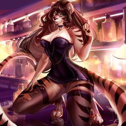 4_toes 5_fingers anthro bar bare_shoulders beverage big_breasts black_hair black_nose bottle breasts choker cleavage clothed clothing container credit_card detailed_background dress eyebrows eyelashes feet female fingers footwear fur hair half-closed_eyes high_heels jewelry kneeling legwear long_hair looking_at_viewer multicolored_body multicolored_fur nails narrowed_eyes necklace panties ring sharp_nails shoes smile solo stockings strapless_clothing strapless_dress striped_body striped_fur stripes tan_body tan_fur text thigh_highs toes torn_clothing two_tone_body two_tone_fur underwear white_body white_fur marijastriz felid mammal pantherine tiger 1:1 2024 artist_name hi_res