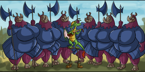 anthro armor axe belly big_belly big_breasts black_border border breasts clothing crossgender eyelashes facial_horn female footwear green_body green_scales grey_body group headgear headwear horn huge_breasts lute male mtf_crossgender multicolored_body multicolored_scales musical_instrument nose_horn overweight overweight_anthro overweight_female playing_lute playing_music plucked_string_instrument poleaxe scales serenade shoes stilts string_instrument thick_thighs two_tone_body two_tone_scales ventral_scales weapon yellow_body yellow_scales dutch_(artist) disney mythology robin_hood_(disney) glitter_(glitterbug) rhino_guard dragon mammal mythological_creature mythological_scalie rhinoceros scalie 2023 digital_media_(artwork) hi_res