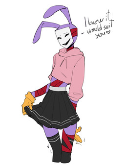 anthro body_takeover bottomwear clothed clothing crossdressing crossdressing_male dialogue duo female legwear male male/female mask possession skirt sweater text thigh_highs topwear twitching demi_skethes glitch_productions the_amazing_digital_circus gangle_(tadc) jax_(tadc) animate_inanimate humanoid lagomorph leporid living_mask mammal rabbit english_text hi_res