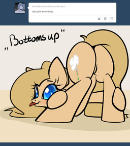 ass_up backy big_butt blue_eyes blush butt crotchless cutie_mark dialog equine female feral horse looking_at_viewer looking_back mammal my_little_pony original_character pony presenting presenting_hindquarters slavedemorto smile solo tan_fur tan_hair text tongue tongue_out tumblr
Rating: Questionable
Score: 8
User: Secret_Sepulchre
Date: September 24, 2013