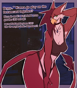 anthro beak bra breasts choker clothing dialogue female green_eyes hair hand_behind_head jewelry looking_at_viewer medium_breasts necklace nipple_outline non-mammal_breasts photo_background red_body red_hair smile solo tail text thick_thighs underwear zephyrnights mythology cinnamon_(zephyrnights) avian gryphon mythological_avian mythological_creature 2024 digital_media_(artwork) english_text hi_res mixed_media photography_(artwork)