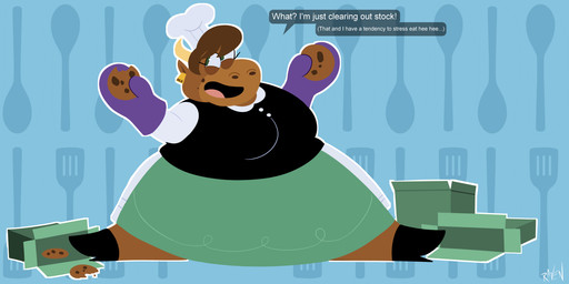 anthro apron bangs bent_arm big_breasts black_clothing black_footwear black_high_heels black_topwear black_vest blue_background blue_sclera boots box breasts brown_body brown_fur brown_hair button_(fastener) chef_hat clothed clothed_anthro clothed_female clothing container cookie cookie_box crumbs_on_face dress ear_piercing ear_tag eyelashes female female_anthro food footwear fur green_apron green_clothing green_eyes hair handwear hat headgear headwear high_heeled_boots high_heels holding_cookie holding_food holding_object horn laugh obese obese_anthro obese_female on_style outline oven_mitts overweight overweight_anthro overweight_female pattern_background piercing pink_tongue purple_clothing purple_handwear purple_oven_mitts question shoes short_hair simple_background solo speech_bubble tan_horn text tongue topwear vest white_clothing white_dress white_hat white_headwear white_outline yelling ravenousmadness cookie_haus jackbox_games the_jackbox_party_pack moonique_(cookie_haus) bovid bovine cattle mammal 2026 digital_drawing_(artwork) digital_media_(artwork) english_description english_text flat_colors hi_res signature