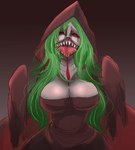 big_breasts blood blood_from_eye bodily_fluids breasts brown_background brown_clothing brown_dress cleavage clothed clothing dress female green_hair grey_body grey_skin hair hood huge_breasts long_hair nightmare_fuel open_mouth red_eyes saliva sharp_teeth simple_background solo teeth morgan_zero02 bloodstained:_ritual_of_the_night cyhyraeth_(bloodstained) ghost humanoid monster monstrous_humanoid spirit undead hi_res