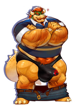 anthro barazoku belly belly_peeking_out big_bulge big_muscles black_clothing black_underwear bottomwear bottomwear_down bulge clock clothed clothing cross-popping_vein crossed_arms detailed_bulge erection erection_under_clothing facial_hair furrowed_eyebrows hair hairy horn male mature_male musclegut muscular muscular_male muscular_thighs mustache overweight overweight_male pants pants_down partially_clothed red_hair simple_background solo spikes standing tail tenting underwear watch white_background wide_stance wristwatch tigertimeworks mario_bros nintendo bowser koopa scalie digital_media_(artwork) full-length_portrait hi_res portrait