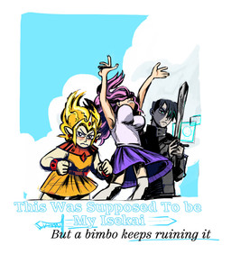 blush bottomwear breasts clothing crown dress female fire flaming_hair frown gem group hair headgear humanoid_pointy_ears legwear male melee_weapon not_furry pointy_ears pseudo_hair shirt skirt sword text thigh_highs title topwear trio weapon millacm drawfee_(copyright) bwittany crashley_craig video_james human humanoid mammal english_text hi_res