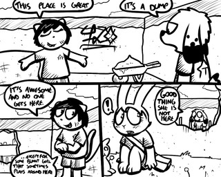 anthro bag barefoot big_eyes black_body black_fur black_hair black_nose bottomwear buckteeth clothing cloud dialogue exclamation_point eyes_closed feet female fur graffiti grass group hair male open_mouth outside plant plushie shirt shorts smile speech_bubble teeth text toony topwear wheelbarrow whiskers young young_anthro onihidden target_miss alvo_(target_miss) mira_(target_miss) canid canine canis domestic_cat domestic_dog felid feline felis lagomorph leporid mammal rabbit 5:4 black_and_white comic english_text monochrome