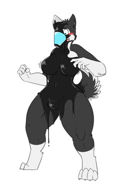 anthro big_breasts blush breasts bulge drone dronification fur goo_transformation grey_body grey_fur gynomorph intersex looking_down open_mouth simple_background solo standing tail transformation visor white_background white_body white_fur robertge canid canine canis domestic_dog mammal 2015 digital_media_(artwork) hi_res