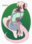 anthro blonde_hair chest_tuft clothed clothing female fully_clothed green_eyes hair high-angle_view kneeling legwear looking_at_viewer looking_back overalls rat_tail smile solo stockings tail thigh_highs tuft whiskers kicoffe mammal murid rodent hi_res