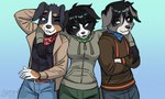 anthro black_hair black_nose breasts clothed clothing female gradient_background group hair male simple_background trio abluedeer canid canine canis domestic_dog mammal 2020