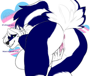 anthro anus big_breasts blue_body blue_fur breasts dialogue female fur genitals green_eyes hair heart_symbol humanoid_genitalia humanoid_hands humanoid_vulva leaning leaning_forward lgbt_pride looking_at_viewer looking_back looking_back_at_viewer neovagina pink_anus pink_vulva pride_colors raised_tail side_boob simple_background smile smiling_at_viewer solo spread_vulva spreading tail talking_to_viewer text transgender_pride_colors vaginoplasty vulva white_background white_body white_fur white_hair redpixie taki_(takikuroi) mammal mephitid skunk absurd_res english_text hi_res trans_(lore) trans_woman_(lore)