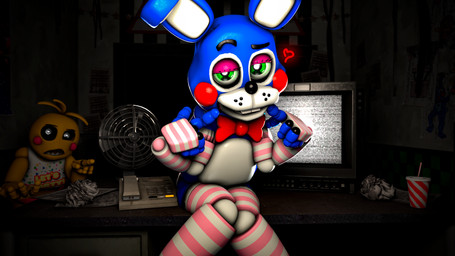 anthro armwear beakless bib blue_body bow_tie buckteeth clothing confusion duo elbow_gloves electronics female femboy fingerless_gloves furniture gesture gloves green_eyes hand_gesture handwear heart_symbol inside legwear looking_at_viewer machine male monitor on_table open_mouth pattern_armwear pattern_clothing pattern_elbow_gloves pattern_fingerless_gloves pattern_gloves pattern_handwear pattern_legwear pattern_thigh_highs pink_armwear pink_clothing pink_elbow_gloves pink_fingerless_gloves pink_gloves pink_handwear pink_legwear pink_thigh_highs pointing pointing_at_another pupils raised_finger raised_index_finger sharp_teeth shocked sitting sitting_on_table smile smiling_at_viewer striped_armwear striped_clothing striped_elbow_gloves striped_fingerless_gloves striped_gloves striped_handwear striped_legwear striped_thigh_highs stripes table teeth thigh_highs white_pupils zelyonka jams3d_(modeler) five_nights_at_freddy's five_nights_at_freddy's_2 scottgames lovetaste_chica toy_bonnie_(fnaf) toy_chica_(fnaf) animatronic avian bird chicken galliform lagomorph leporid mammal phasianid rabbit robot robot_anthro 16:9 3d_(artwork) 4k absurd_res digital_media_(artwork) hi_res source_filmmaker_(artwork) widescreen