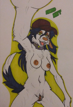 anthro areola black_ears black_hair breasts brown_clothing brown_hat brown_headwear clothing fangs female fur genitals green_eyes green_outline hair hat headgear headwear long_hair nipples nude nude_anthro nude_female open_mouth outline petting_viewer simple_background slight_smile solo tail teeth text vulva white_body white_fur spacewhaleworship bridgette_(thighlordash) canid canine canis domestic_dog fox_terrier hunting_dog mammal terrier absurd_res hi_res marker_(artwork) traditional_media_(artwork)