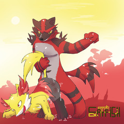 abstract_background ahegao all_fours ambiguous_penetration bdsm bent_over bodily_fluids bruised butt butt_slap claws cloud cum doggystyle dominant dominant_male drooling duo female female_penetrated from_behind_position fur genital_fluids genitals looking_pleasured male male/female male_penetrating male_penetrating_female multicolored_body multicolored_fur open_mouth outside paws penetration penis raised_tail reddened_butt rough_sex saliva sex sky slap spanking submissive submissive_female sun tail tail_grab tail_pull tongue tongue_out two_tone_tail vaginal_fluids wounded yellow_tail cat~fish_(artist) nintendo pokemon delphox generation_6_pokemon generation_7_pokemon incineroar pokemon_(species) 1:1 signature