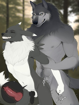 anal anal_penetration animal_genitalia animal_penis anthro anthro_on_anthro anthro_penetrated anthro_penetrating anthro_penetrating_anthro balls blurred_background canine_genitalia canine_penis dominant duo eyes_closed fangs forest forest_background from_behind_position fur genitals grey_body grey_fur internal internal_anal knot knotted_penis knotting larger_anthro larger_dom larger_male male male/male male_penetrated male_penetrating male_penetrating_male nature nature_background nude_anthro nude_male penetration penile penile_penetration penis penis_in_ass plant sex size_difference small_penis smaller_anthro smaller_male smaller_penetrated teeth tree white_body white_fur sobakasatany bandai_namco digimon mythology canid canine canis digimon_(species) mammal mythological_canine mythological_creature renamon werecanid werecanine werecreature werewolf wolf hi_res