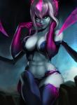 abs breasts claws cleavage clothed clothing dandon_fuga demon evelynn_(lol) female hair humanoid league_of_legends legwear not_furry riot_games solo text thigh_highs yellow_eyes