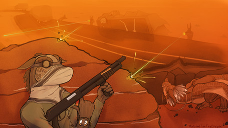 ambiguous_gender anthro battle brotherhood_of_steel_(fallout) clothing compass desert eyewear eyewear_on_head female feral goggles goggles_on_face goggles_on_head group gun gunfight gunfire jumpsuit kerchief male military_uniform mount neckerchief neckwear post-apocalyptic ranged_weapon reloading sandstorm shooting shooting_gun shotgun silhouette silhouette_background silhouetted_body uniform wasteland weapon tren european_mythology fallout microsoft mythology agalia_(bushdog) scraps_(bushdog) dragon mythological_creature mythological_scalie night_stalker_(fallout) scalie western_dragon wyvern 16:9 hi_res widescreen