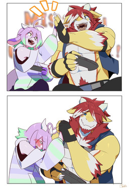 anthro beard blue_eyes blush blush_lines clothing facial_hair gesture high_five looking_at_another male open_mouth open_smile simple_background smile white_background zerpreros mythology moner thurry_(sollyz) dragon fish marine mythological_creature mythological_scalie scalie shark 2021 comic hi_res signature