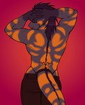 anthro black_body black_scales bottomwear clothed clothing dark_hair hand_on_head male multicolored_body multicolored_scales orange_body orange_scales pants pose scales simple_background solo tail tattoo topless tramp_stamp littlegeecko echo_(game) echo_(series) echo_project flynn_moore gila_monster helodermatid lizard reptile scalie 2024 hi_res