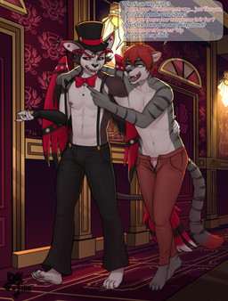 anthro areola bottomwear bow_tie bulge clothed clothing dialogue drunk duo feet fingers fur hair half-closed_eyes hat headgear headwear male male/male narrowed_eyes navel nipples open_bottomwear open_clothing open_mouth open_pants pants pecs plantigrade smile soles speech_bubble standing substance_intoxication suspenders tail teeth text toes top_hat topless topless_anthro topless_male underwear wings ark_warrior hazbin_hotel hellaverse husk_(hazbin_hotel) demon domestic_cat felid feline felis mammal digital_media_(artwork) english_text hi_res