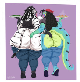 amber_eyes anthro anthro_on_anthro asymmetrical_breast_frottage bandana_on_head big_butt black_eyelids black_hair black_lips black_stripes blue_body blue_eyelids blue_lips bodily_fluids bottomwear bottomwear_down breast_squish breasts breasts_frottage brown_eyes butt cellulite clothed clothed_anthro clothed_female clothing denim denim_bottomwear denim_clothing duo female female/female female_anthro food footwear green_body hair hand_on_another's_butt hand_on_butt high_heels highlights_(coloring) huge_butt huge_hips jeans lips long_tail long_tongue looking_at_viewer looking_back looking_back_at_viewer pants pants_down partially_clothed pink_tongue plate rear_view saliva saliva_on_breasts saliva_on_tongue saliva_string shirt shoes squish standing stripes tail tank_top text thick_thighs tongue tongue_out topwear white_body white_highlights wide_hips vixencurie amara_(noeticred) aunt_mae alligator alligatorid crocodilian equid equine mammal reptile scalie zebra 2026 artist_name dated full-length_portrait hi_res portrait
