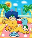 2019 anthro balls beach belly blue_hair blush brother_(lore) brothers_(lore) butt casual_nudity dialogue digital_media_(artwork) duo english_text erection fangs genitals hair hi_res koopa koopa_shell koopaling larry_koopa looking_at_another looking_at_butt ludwig_von_koopa lying male male/male mario_bros moobs nintendo nipples nude nude_beach one_eye_closed open_mouth outside penis scalie seaside shell sibling_(lore) sinribbons size_difference slightly_chubby sunscreen teeth text towel turtle_shell vein wink