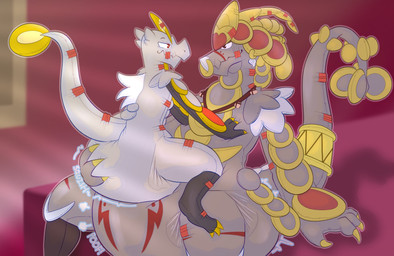 3_toes ambiguous_gender anthro claws clean_diaper cloud_emanata cuff_(restraint) detailed_background diaper diaper_puff diaper_squish duo ear_piercing ear_ring emanata facial_piercing feet finger_claws furgonomics furry-specific_piercing gold_scales golden_claws grey_body grey_tail hand_on_butt hand_on_chest hand_on_diaper jewelry light light_beam markings necklace nose_piercing nose_ring on_lap piercing red_body red_markings red_scales restraints ring_piercing scales sharp_teeth sitting sitting_on_lap tail tail_cuff teeth toe_claws toes touching_diaper law_azure nintendo pokemon animate_inanimate diaper_creature generation_7_pokemon hakamo-o kommo-o pokemon_(species) absurd_res hi_res