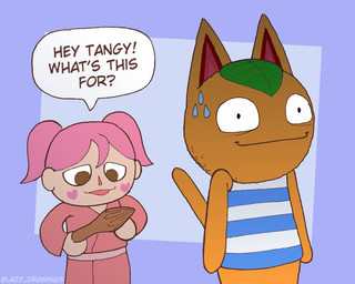 anthro bathrobe black_eyes blue_clothing blue_topwear blue_vest bodily_fluids brown_eyes clothing duo exclamation_point female fur hair half-closed_eyes heart_symbol holding_object leaf leaf_hair looking_at_object narrowed_eyes nervous orange_body orange_ears orange_fur orange_tail pink_bathrobe pink_clothing pink_hair pink_nose pink_robe plant plant_hair pseudo_hair question question_mark robe sweat tail tan_body tan_skin text topwear vest white_clothing white_topwear white_vest achromasloth animal_crossing nintendo tangy_(animal_crossing) villager_(animal_crossing) domestic_cat felid feline felis human mammal 2020 artist_name digital_media_(artwork) english_text