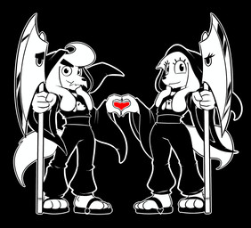 anthro axe cloak clothing duo eyebrows eyelashes facial_hair female footwear heart_symbol male melee_weapon mustache romantic romantic_couple sandals shoes smile weapon conditional_dnp teckworks undertale undertale_(series) dogamy dogaressa canid canine canis domestic_dog mammal 2015 archived_source black_and_white_and_red unavailable_at_source