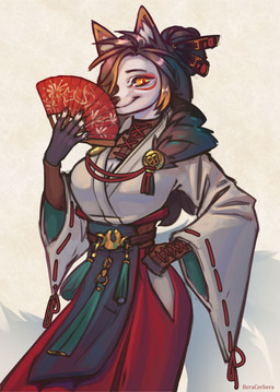 accessory anthro armor asian_clothing big_breasts bottomwear breasts clothing east_asian_clothing female folding_fan fur_trim gauntlets gloves hair hair_accessory hair_bun hair_sticks hand_fan handwear holding_fan holding_object red_bottomwear red_clothing red_skirt skirt smile smiling_at_viewer solo standing topwear white_body white_clothing white_topwear yellow_eyes cerbera kitsu_(xaineth) canid canine fox mammal hi_res