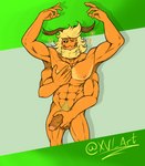 4_arms abs antennae_(anatomy) anthro black_sclera blonde_hair fluffy fluffy_hair genitals hair holding_penis humanoid_genitalia humanoid_penis male mandibles multi_arm multi_limb muscular muscular_arms muscular_legs muscular_male navel neck_tuft nipples one_eye_closed orange_body pecs penis pose pubes raised_arms solo tuft wink youtuber xvi_art mothman mothman_(spazmaticbanana) arthropod insect lepidopteran moth 2023 hi_res