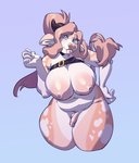 absurd_res anthro areola balls belt belt_only big_breasts biped bovid bovine breasts cattle digital_media_(artwork) flaccid fur genitals glistening glistening_body gynomorph hair hand_on_hip hi_res horn intersex looking_at_viewer mammal nipples nude penis ponytail shaded slightly_chubby solo takiminada thick_thighs tongue tongue_out wide_hips