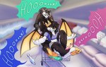 anthro bottomwear breasts claws clothed clothing duo feet female fur hair horn looking_at_viewer male pawpads paws shopping silly simple_background smile tail teeth text topwear white_body white_fur wings fluffy_hypocrite hoshka mythology canid canine fox hybrid mammal mythological_creature digital_drawing_(artwork) digital_media_(artwork) hi_res