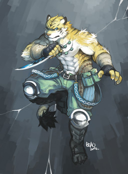 abs abstract_background angry anthro armor bandage belt biceps biped black_body black_fur blue_eyes bottomwear claws clothed clothing dagger fight fur gloves grey_background handwear holding_object holding_weapon jewelry knife male markings melee_weapon muscular muscular_anthro muscular_male necklace pants pecs pose reverse_grip simple_background solo standing stripes tail toe_claws topless weapon white_body white_fur yellow_body yellow_fur beau_(artist) felid mammal pantherine tiger 2012