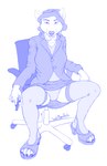 anthro bad_metadata biped blue_and_white bottomwear canid canine chair cheri_(lord_magicpants) chest_tuft clothed clothing female fur furniture hair hi_res holding_object holding_pen holding_writing_utensil legwear looking_at_viewer lord_magicpants mammal missing_sample monochrome office panties pen simple_background sitting skirt solo stockings suit tuft underwear upskirt writing_utensil