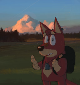 accessory aged_up anthro backpack black_eyes brown_nose cloud dog_tags ear_piercing ear_ring forest fur grass hair looking_at_viewer male multicolored_body multicolored_fur orange_body orange_fur pie_cut_eyes piercing pin_accessory plant red_body red_ears red_fur red_hair red_tail ring_piercing solo standing tail teeth tongue tree two_tone_body two_tone_fur shaibey bluey_(series) rusty_(bluey) australian_kelpie canid canine canis domestic_dog herding_dog mammal pastoral_dog sheepdog 2023 digital_media_(artwork) procreate_(artwork)