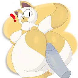 anthro big_breasts big_butt black_eyes black_nose breasts butt dipstick_tail disembodied_penis duo exclamation_point eyelashes female fur genitals huge_butt looking_at_viewer looking_back looking_back_at_viewer male markings multicolored_body multicolored_fur multicolored_tail narrowed_eyes penis penis_on_butt simple_background surprised tail tail_markings talking_to_viewer text thick_thighs white_background white_body white_fur white_tail wide_hips yellow_background yellow_body yellow_ears yellow_fur yellow_tail blista_kanjo adventure_time cartoon_network cake_the_cat domestic_cat felid feline felis mammal 1:1 2025 digital_drawing_(artwork) digital_media_(artwork) hi_res
