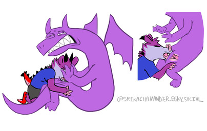 anthro duo fellatio feral forced internal kneeling kneeling_oral_position male male/male oral penile purple_body questionable_consent sex shaking sitting slit_penis slit_play tail trembling trembling_hands wings srirachamander mythology monty_(srirachamander) american_opossum dragon hybrid mammal marsupial mythological_creature mythological_scalie scalie absurd_res hi_res