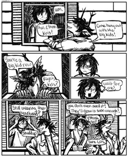 accessory anthro blush clothing dialogue duo female headband jacket laugh question shirt text topwear window young bakedbananners deltarune undertale_(series) dess_holiday kris_dreemurr deer human mammal new_world_deer reindeer 2025 comic english_text hi_res monochrome nonbinary_(lore)