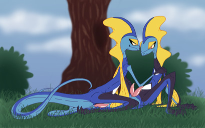 2_penises animal_genitalia animal_penis anthro bedroom_eyes blue_body bodily_fluids cloaca cloacal_penis cum cum_drip dripping duo erection flirting_look forest forest_background genital_fluids genitals hemipenes lying male male/male multi_genitalia multi_penis narrowed_eyes nature nature_background on_back on_top penis plant precum precum_drip seductive slim slit_penis spread_legs spreading tail tree nal_wt nintendo pokemon cayde_the_inteleon generation_8_pokemon inteleon lizard pokemon_(species) reptile scalie absurd_res colored digital_media_(artwork) flat_colors hi_res