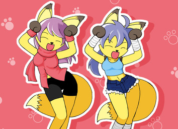 anthro black_ear_tips blue_clothing blue_hair clothing dancing dipstick_ears dipstick_tail duo ear_markings eyes_closed female hair kemono markings multicolored_ears open_mouth open_smile purple_hair smile tail tail_markings white_tail_tip netsuki_(pixiv) caramelldansen 2008 japanese_description meme