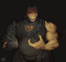 anthro armor claws female hair headgear helmet male missing_finger muscular muscular_female scales scar solo teeth kennker paenitentia balhannur