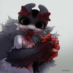 ambiguous_gender anthro blood blood_in_mouth blood_on_chest blood_on_face blood_on_hand blood_on_neck bodily_fluids claws fur glare gore heart_(organ) holding_organ horn looking_at_viewer organs simple_background solo text tuft reskaro reskaro_kern_(reskaro) artist_name