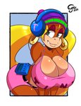 alternate_costume anthro big_breasts blonde_hair blue_eyes breasts brown_body brown_fur cleavage clothed clothing cosplay ear_piercing ear_ring electronics eyeshadow female fully_clothed fur hair half-closed_eyes hat headgear headphones headwear hoop_ear_ring huge_breasts long_hair makeup narrowed_eyes piercing ring_piercing smile solo fyxe_(artist) donkey_kong_(series) nintendo tiny_kong ape haplorhine kong mammal primate 2020 signature