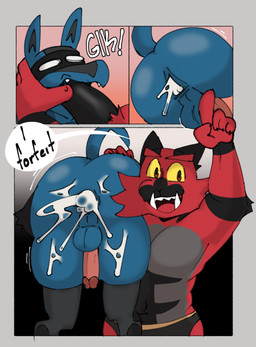 3_panel_comic anthro balls bodily_fluids butt butt_shot carrying_another cum cum_from_ass cum_in_ass cum_inside cum_on_leg dialogue duo fellatio finger_in_mouth genital_fluids genitals glk male male/male mask oral penile penis sex speech_bubble text wrestling_briefs knightferret nintendo pokemon generation_4_pokemon generation_7_pokemon incineroar lucario pokemon_(species) 2025 absurd_res colored comic english_text hi_res